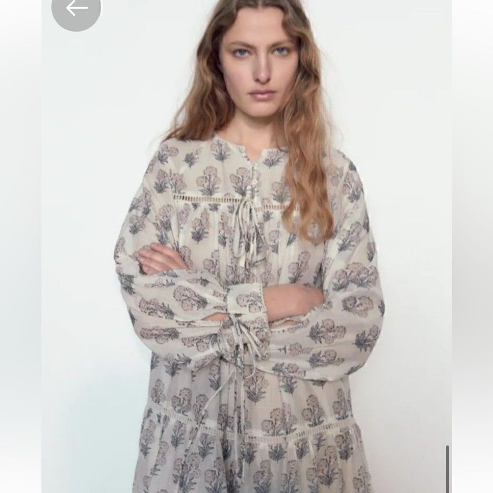 Zara Maxi Dress Block Print Boho Flowy Long Sleeves Floral Cream Blue Pink S - Picture 4 of 16